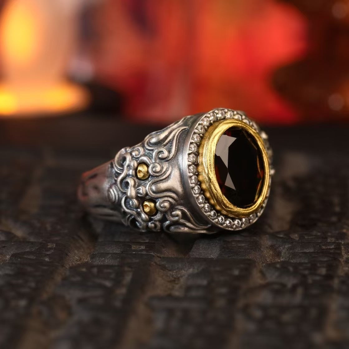 Silver Dharmapala Jambhala Ring "Blazing Guardian