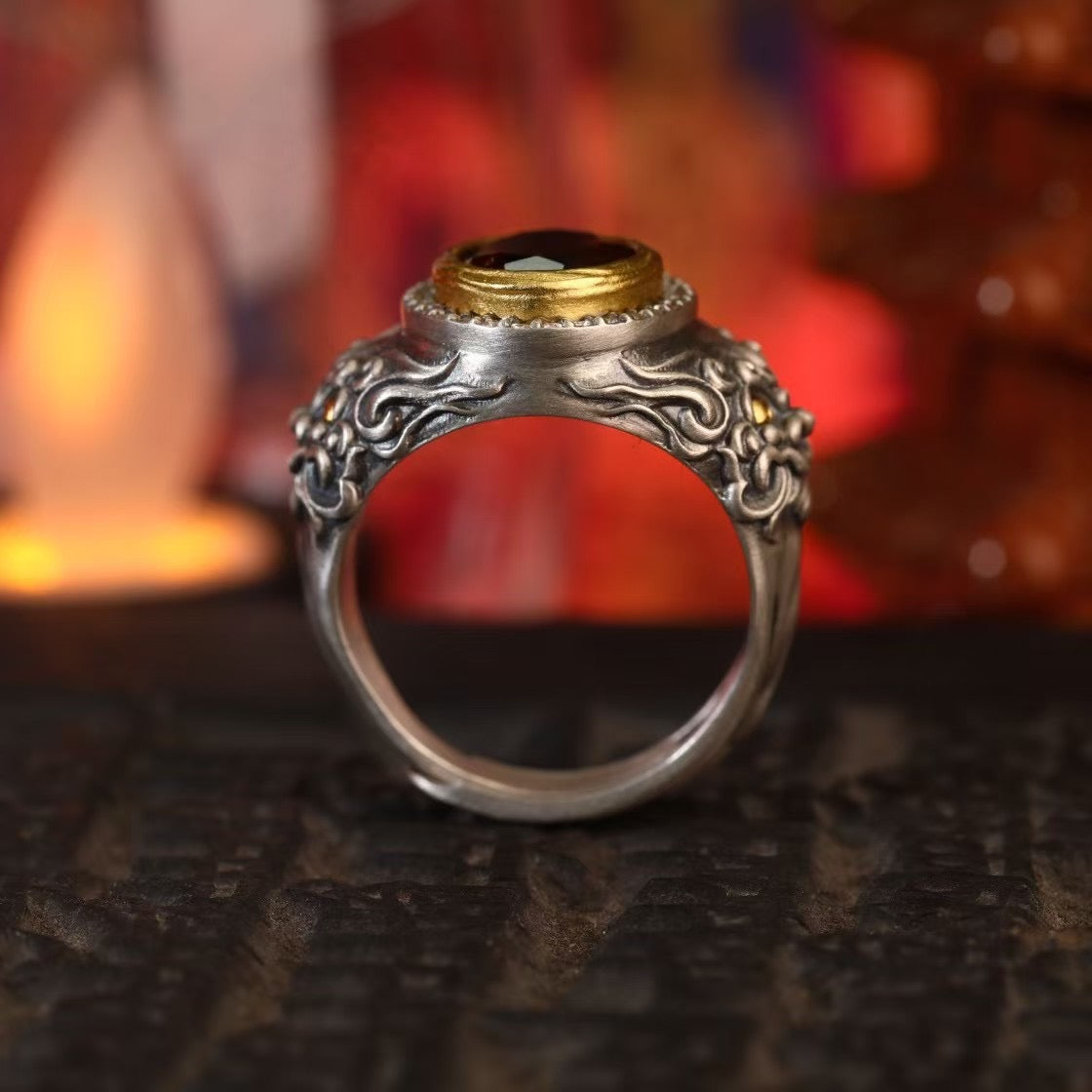 Silver Dharmapala Jambhala Ring "Blazing Guardian