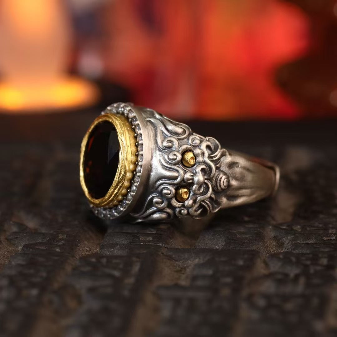 Silver Dharmapala Jambhala Ring "Blazing Guardian